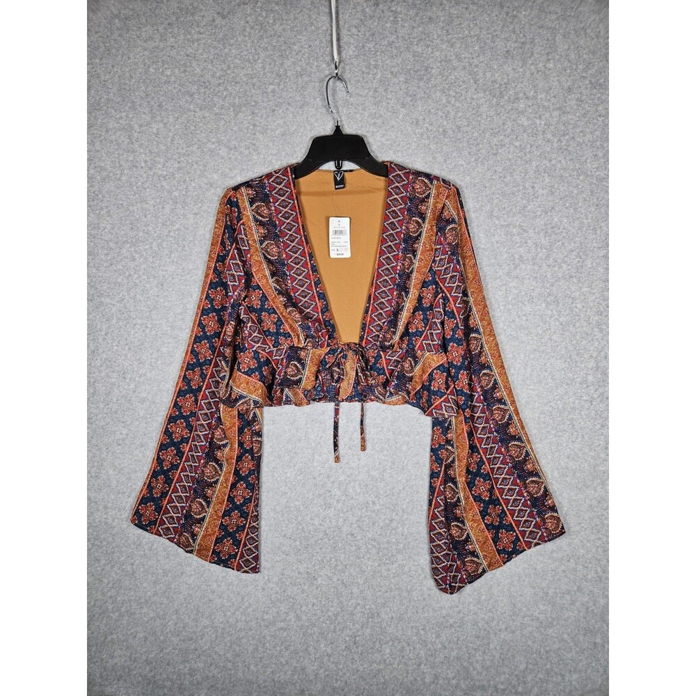 Windsor Boho Bell Sleeve Crop Top S 70s Retro Tie Front Festival Blouse Teal Bur